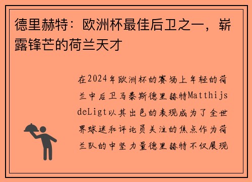 德里赫特：欧洲杯最佳后卫之一，崭露锋芒的荷兰天才