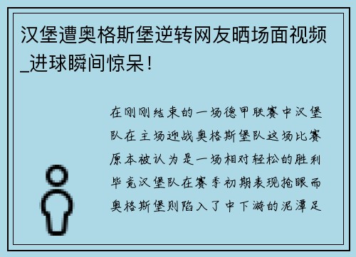 汉堡遭奥格斯堡逆转网友晒场面视频_进球瞬间惊呆！